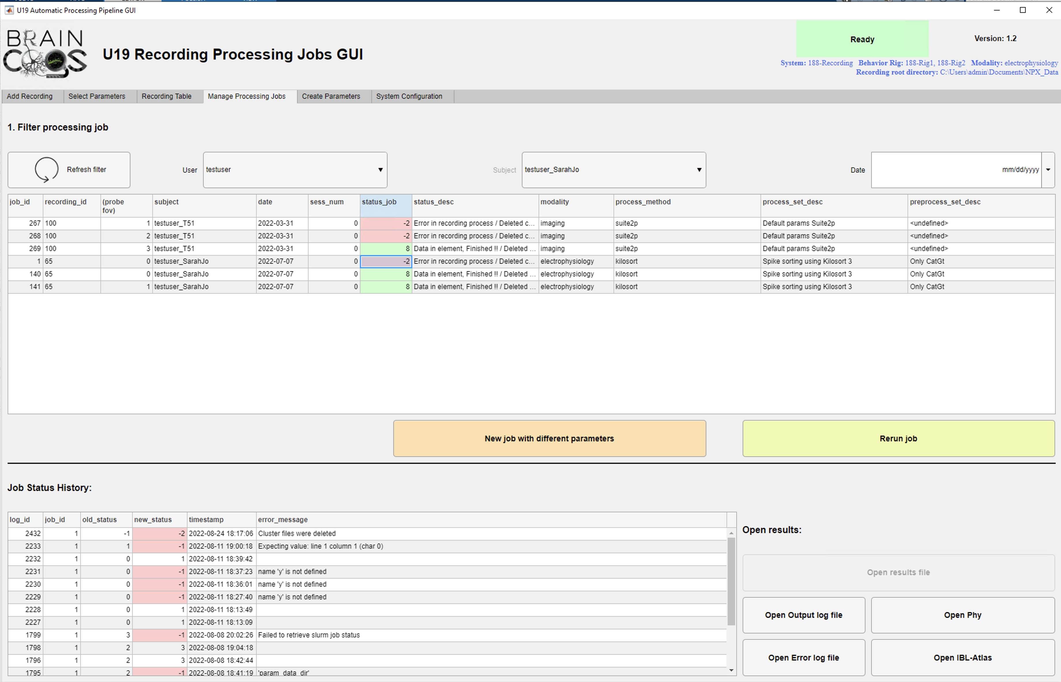 Manage Processing Jobs main screen