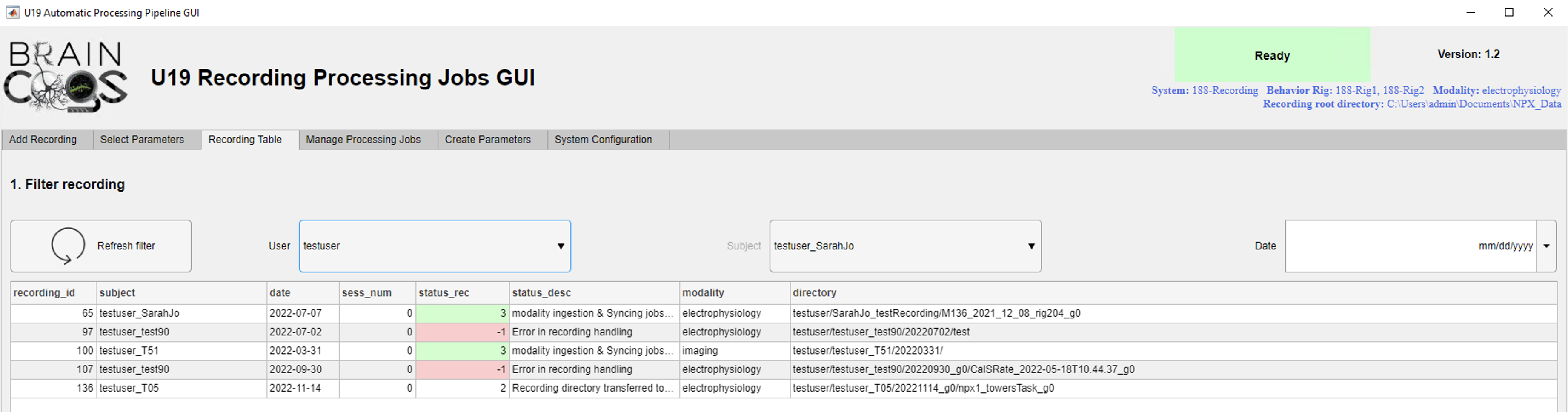 Recording table tab screenshot