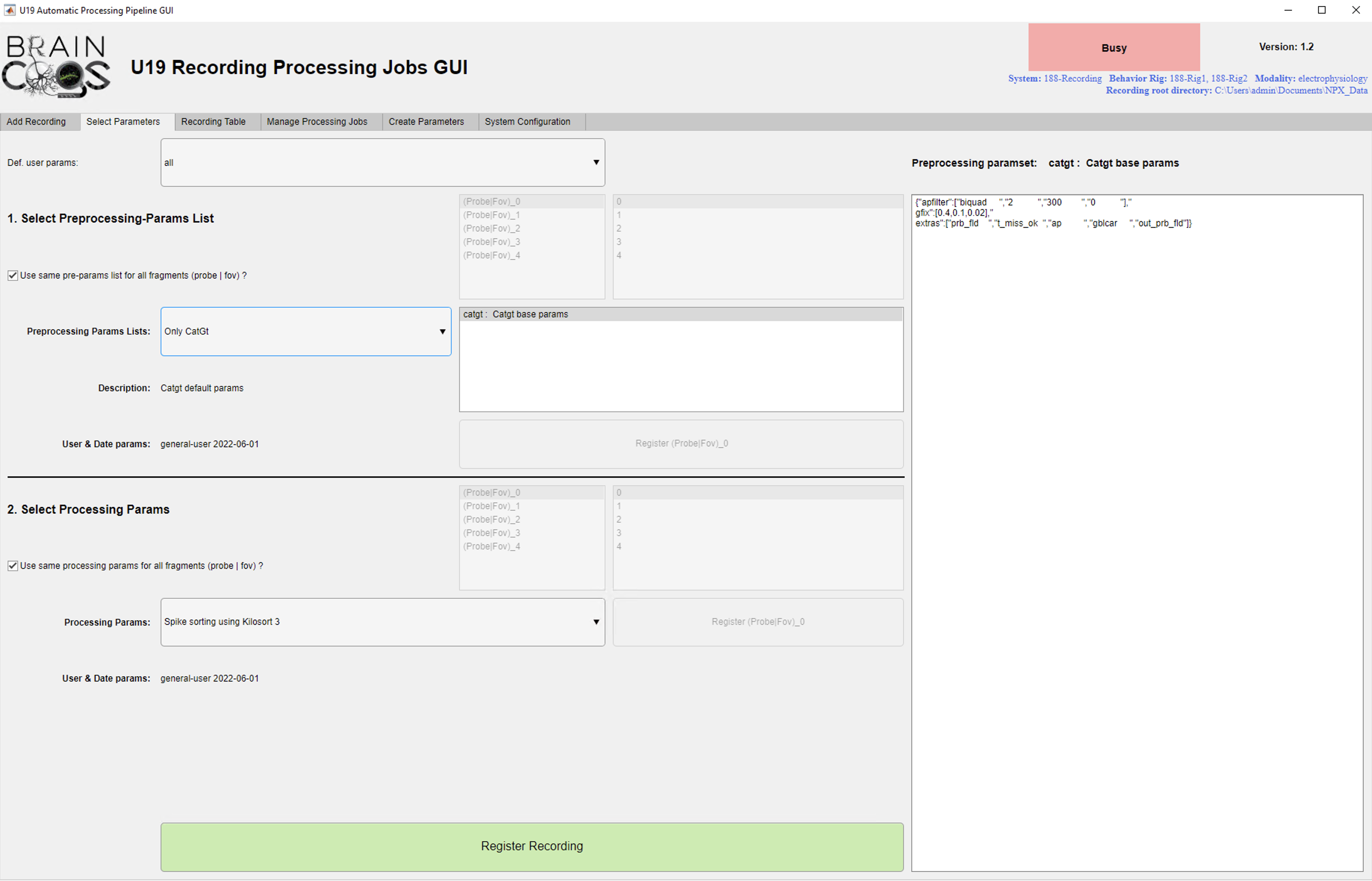Parameter selection main screen