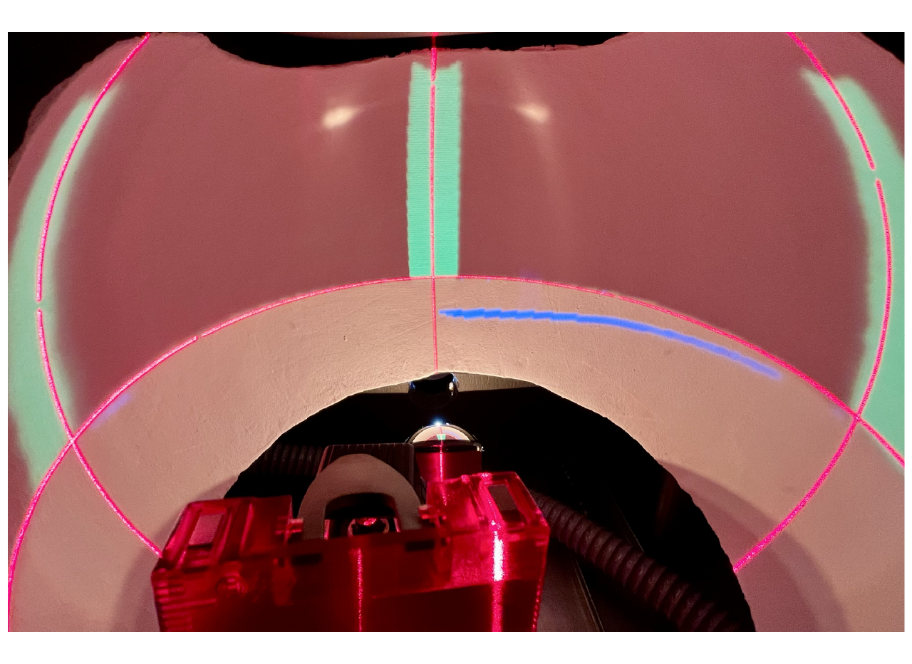 Projection calibration. Because of how spherical mirror projection works, the lateral towers will be slightly curved; the projection is fine as long as they are equidistant and centered at the top (or the bottom; just keep the same convention across rigs).
