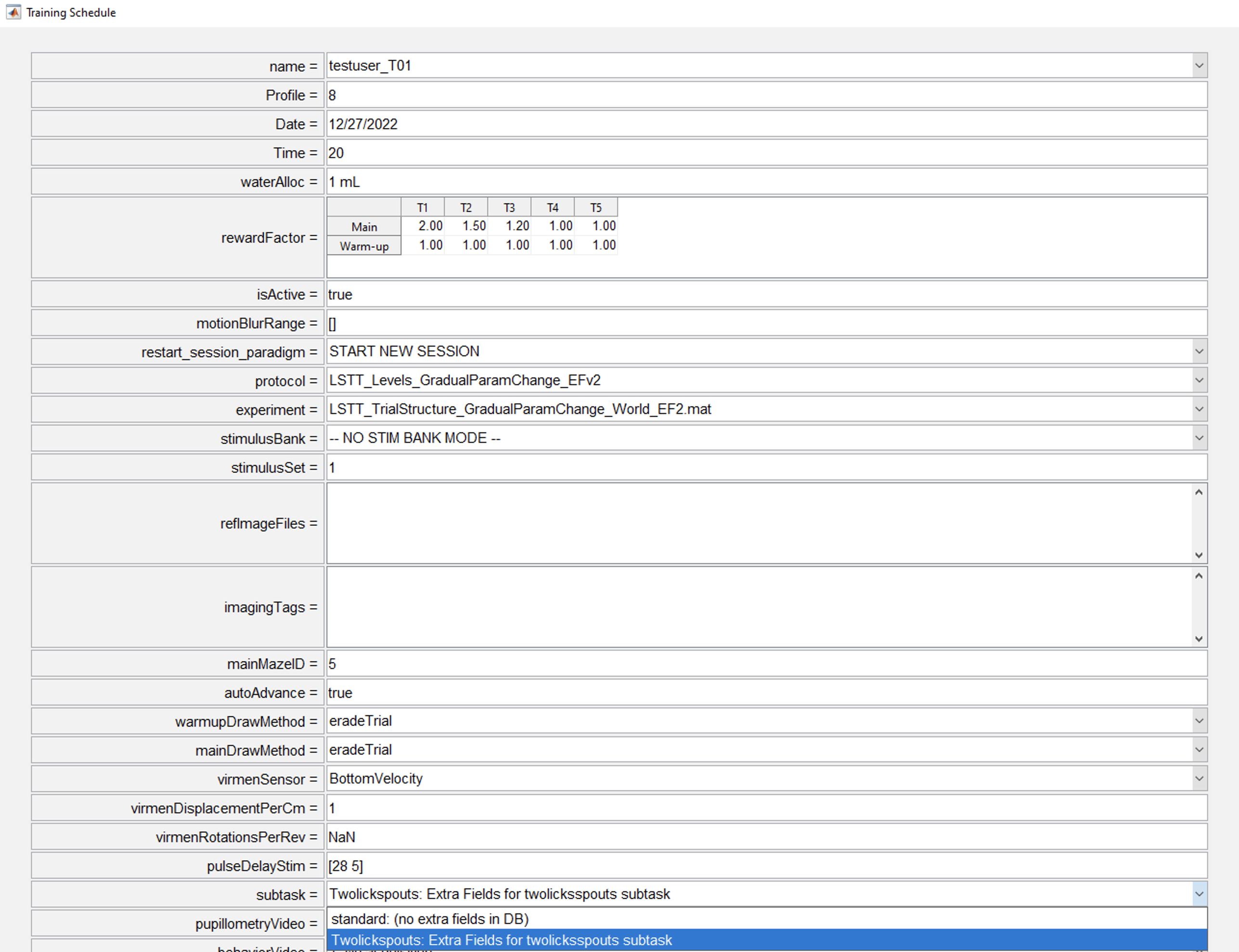 Subtask selection for a training schedule of a subject.